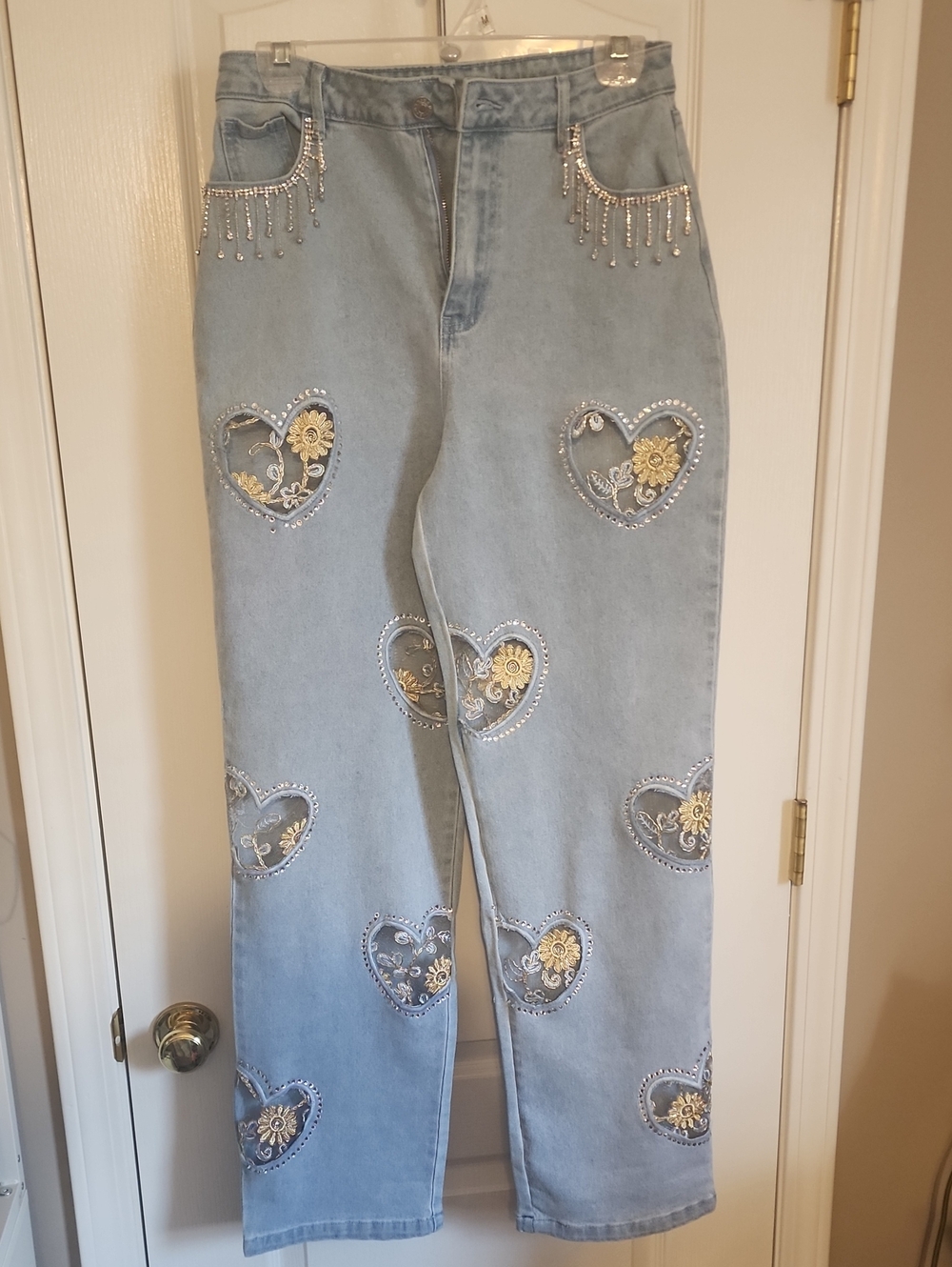 Upcycled Lt. Blue Straight-Leg Jeans Heart Embroidery, Lace, Rhinestone Fringe
